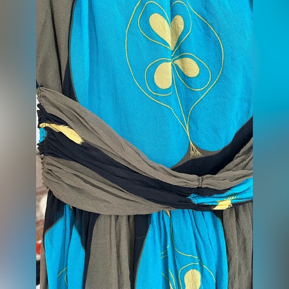 Anna Sui for Anthropologie ⭐️ 100% silk, Teal, Brown & Yellow Mini Dress, Size 4 - Picture 3 of 6